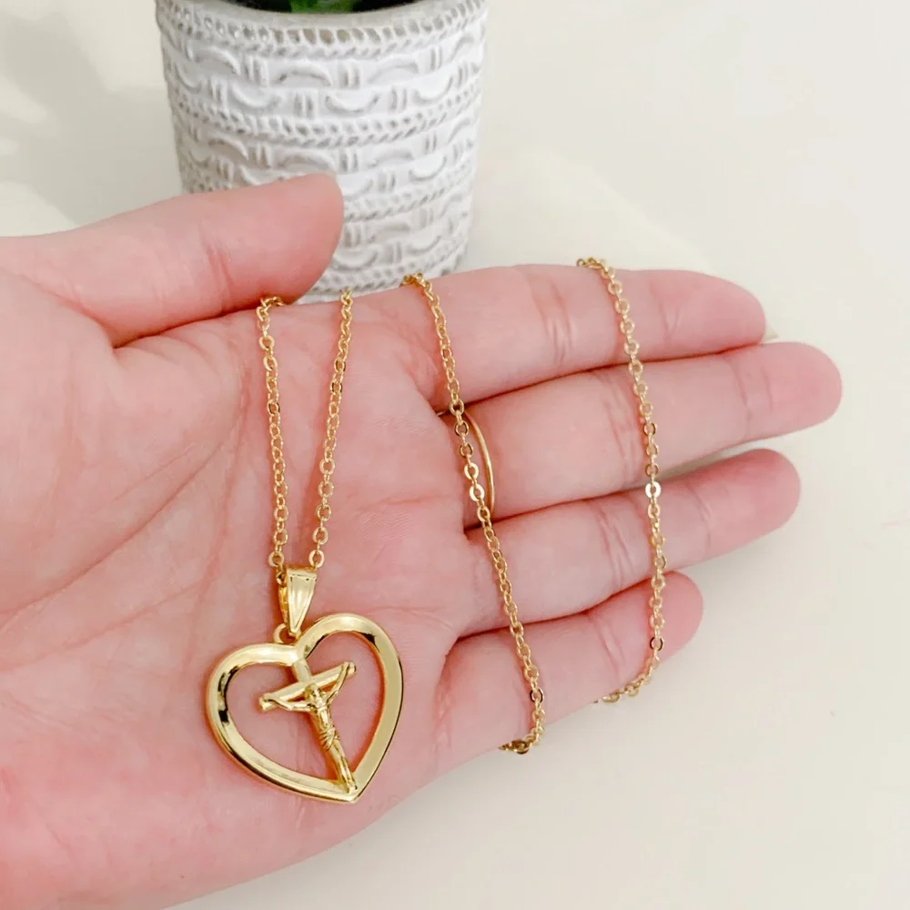 Jesus Heart Cross Necklace | 14k Gold Filled - Picture 7 of 8